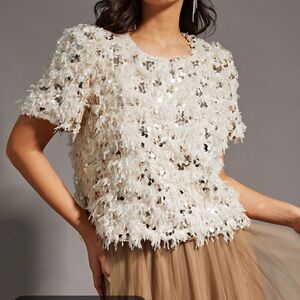 Oddy Sequin Embellished Feather Short-Sleeve Top Boho Chic Top Size Small